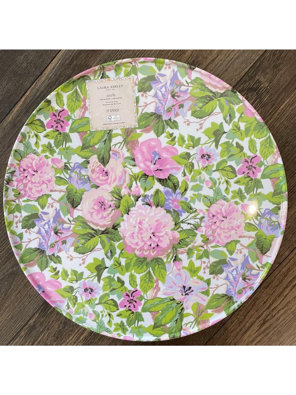 LAURA ASHLEY Spring Floral Spinning Rotating Melamine 15.5" Serving Tray NEW